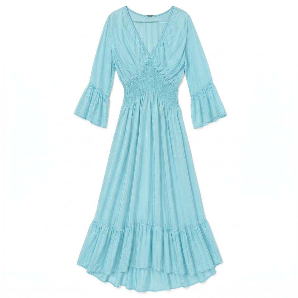 Italian 100% Silk Aqua Mint Smocked Waist Maxi Dress | Balloon Sleeves
